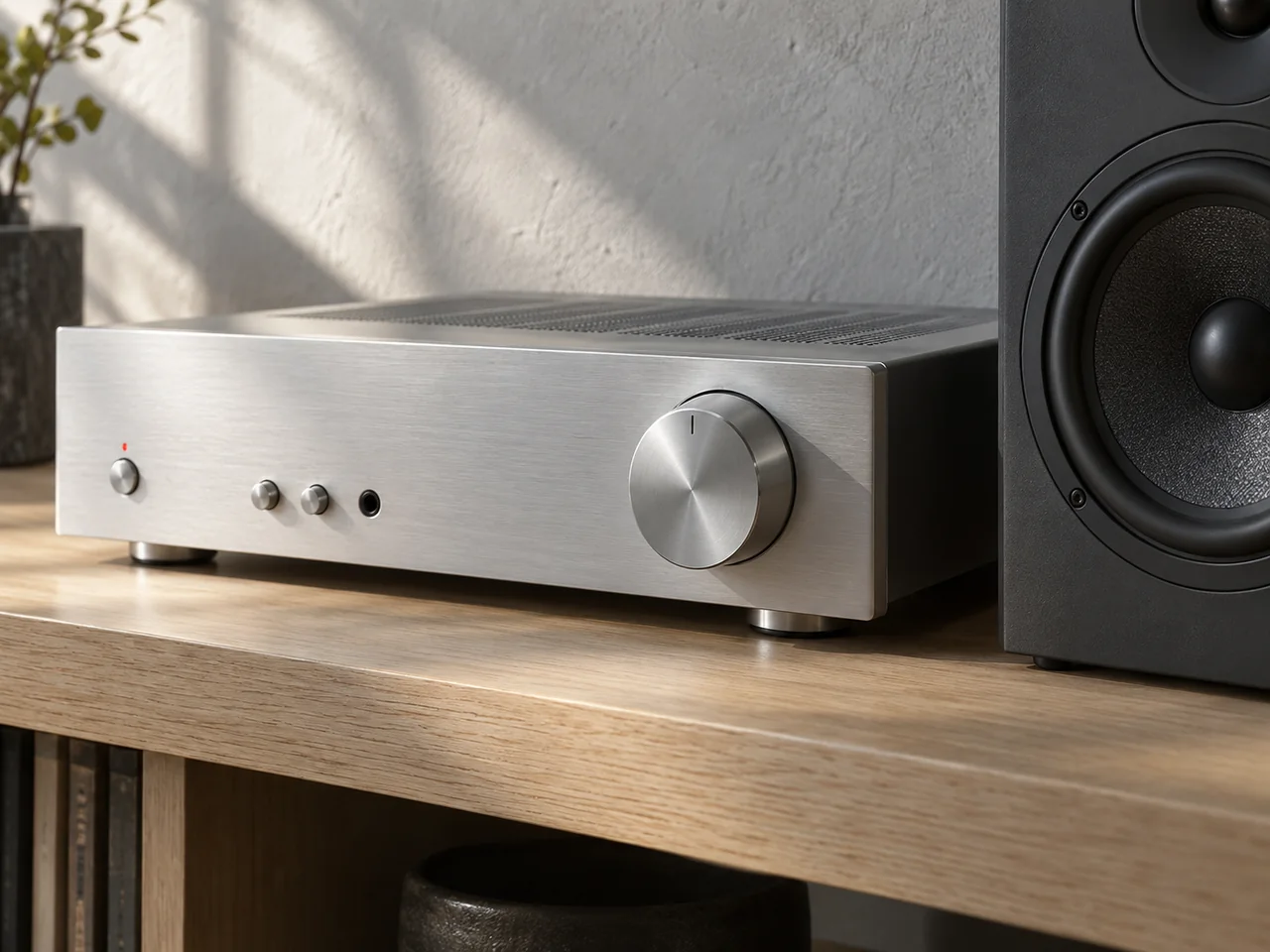 Illustrative brushed-silver amplifier and charcoal speaker
