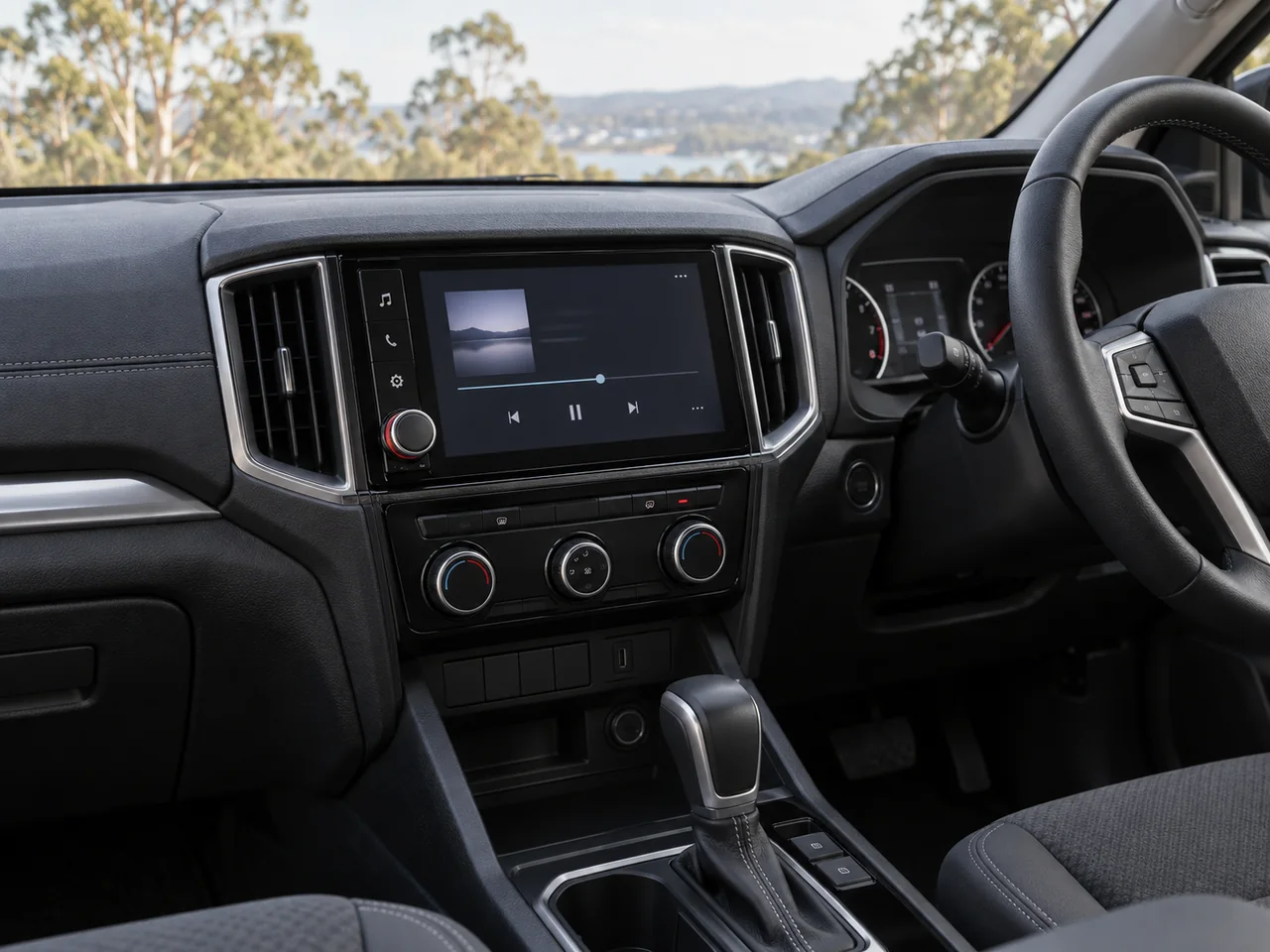 Illustrative touchscreen car stereo in a right-hand-drive vehicle