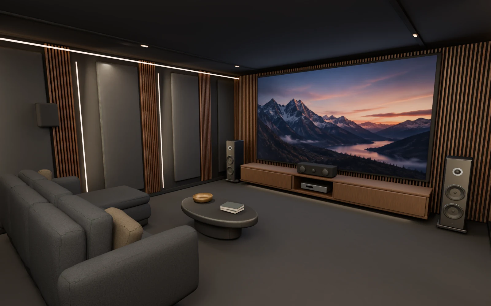 3D illustration of a home cinema with upholstered seating, walnut acoustic walls and a projection screen