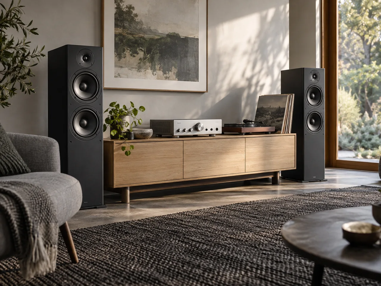 Illustrative living room with floorstanding speakers and a stereo system